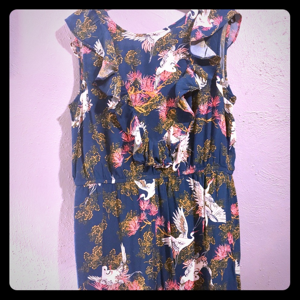 Ruffle neck romper with cranes and flowers